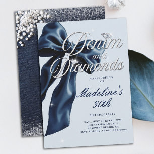 Denim Diamonds Dark Blue Bow 30th Birthday Party Invitation