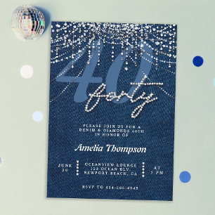 Denim Diamonds Drips Curtain 40th Birthday Party Invitation