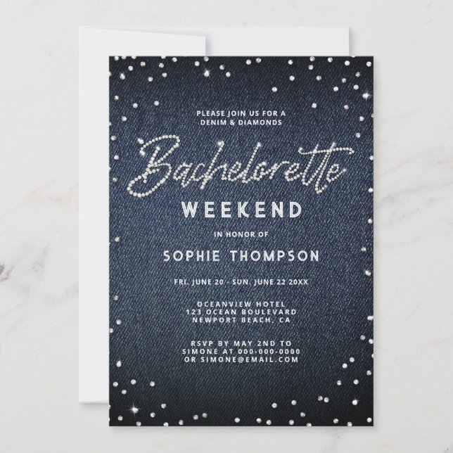 Denim Diamonds Elegant Classy Bachelorette Weekend Invitation (Front)