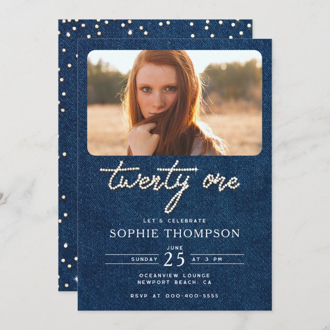 Denim Diamonds Elegant Modern 21st Birthday Photo Invitation (Front/Back)