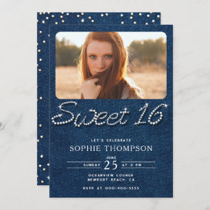 Denim Diamonds Elegant Modern Blue Sweet 16 Photo Invitation