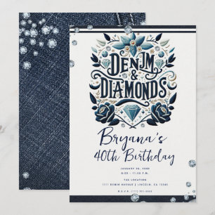 Denim & Diamonds Embroidered Floral Birthday Party Invitation