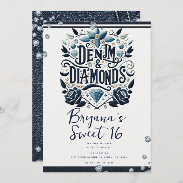 Denim & Diamonds Embroidered Floral Sweet 16 Invitation (Front/Back)