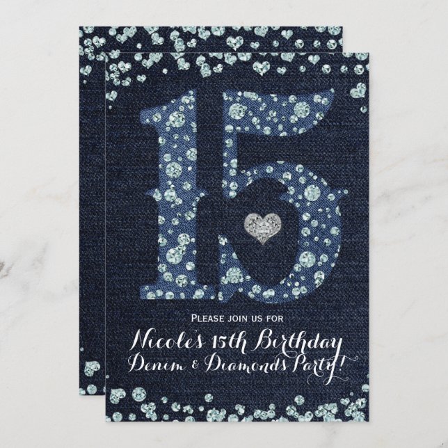 Denim & Diamonds Fifteen 15 15th Birthday Party Invitation (Front/Back)