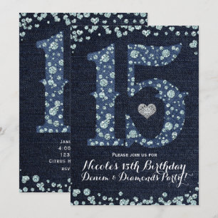 Denim & Diamonds Fifteen 15 15th Birthday Party Invitation