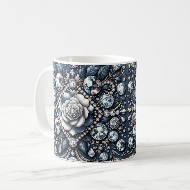 Denim & Diamonds Glam Bling Rose Jewels Coffee Mug (Front Left)