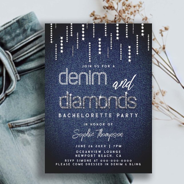 Denim Diamonds Glam Drip Classy Chic Bachelorette Invitation (denim and diamonds bachelorette party glam glitter drippings ladies night out country party classy)