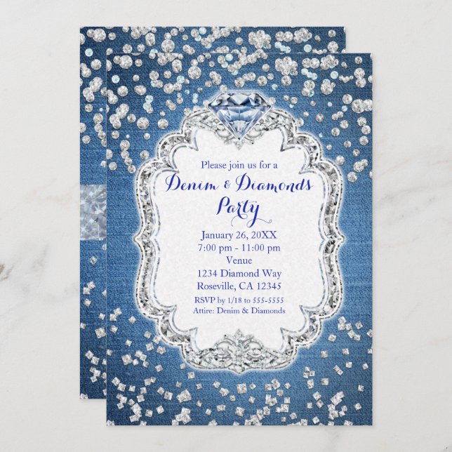 Denim & Diamonds Glam Scattered Bling Invitations (Front/Back)
