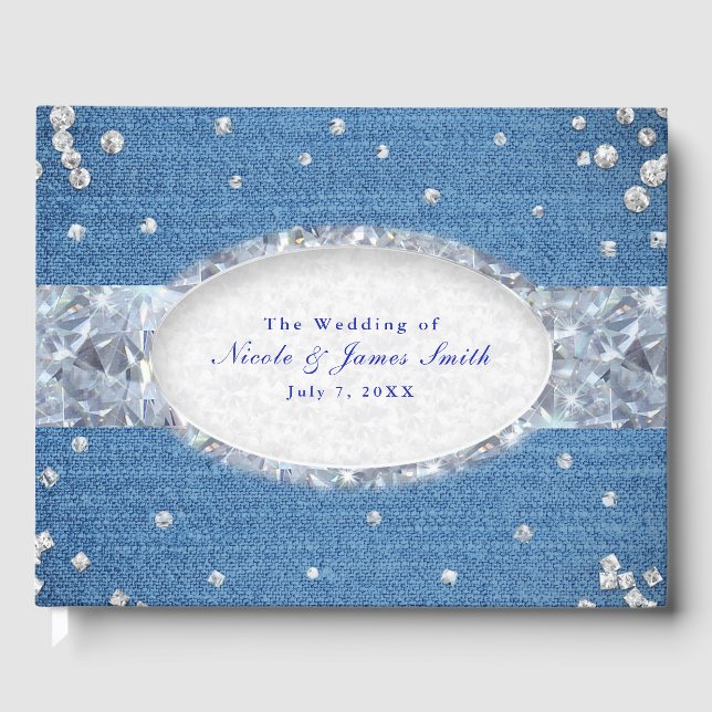 Denim & Diamonds Glam Scattered Bling Wedding Guest Book (Front)