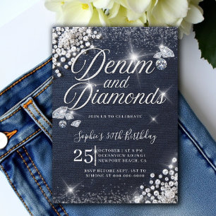 Denim Diamonds Glam Script Classy 30th Birthday Invitation