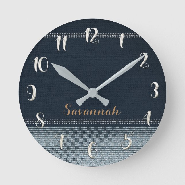 Denim & Diamonds Glam Sequins Glitter Personalised Round Clock (Front)