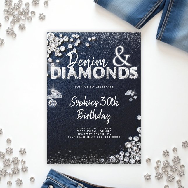 Denim Diamonds Glam Type Elegant 30th Birthday Invitation (denim and diamonds 30th birthday party invite glam type glitz bling sparkle blue white classy)