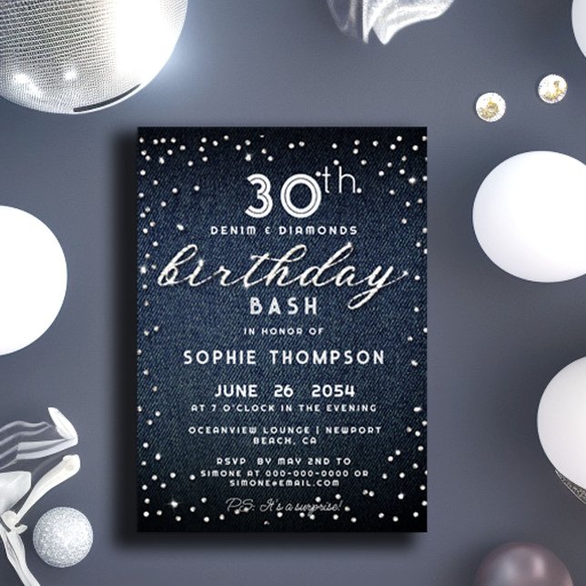 Denim Diamonds Glitter Any Age Chic Birthday Party Invitation (Creator Uploaded)
