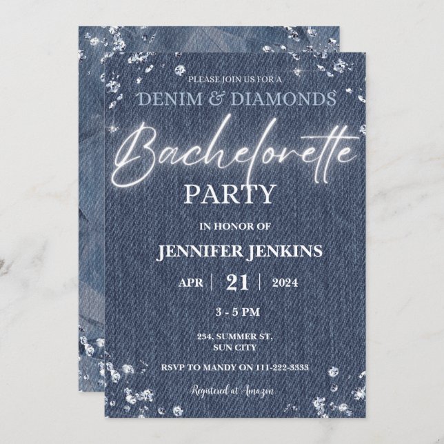 Denim Diamonds Glitter Bling Elegant Bachelorette  Invitation (Front/Back)