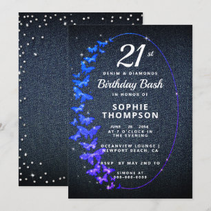 Denim Diamonds Glitter Butterflies Birthday Party Invitation