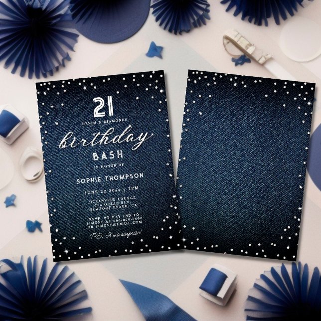 Denim Diamonds Glitter Elegant 21st Birthday Party Invitation (Creator Uploaded)
