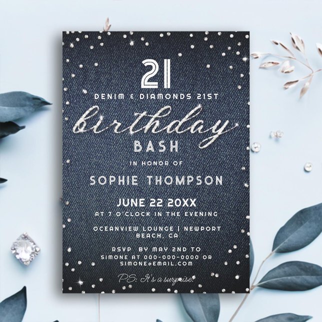 Denim Diamonds Glitter Elegant 21st Birthday Party Invitation (denim diamonds 21st birthday party invitation modern elegant chic classy simple typography glam)