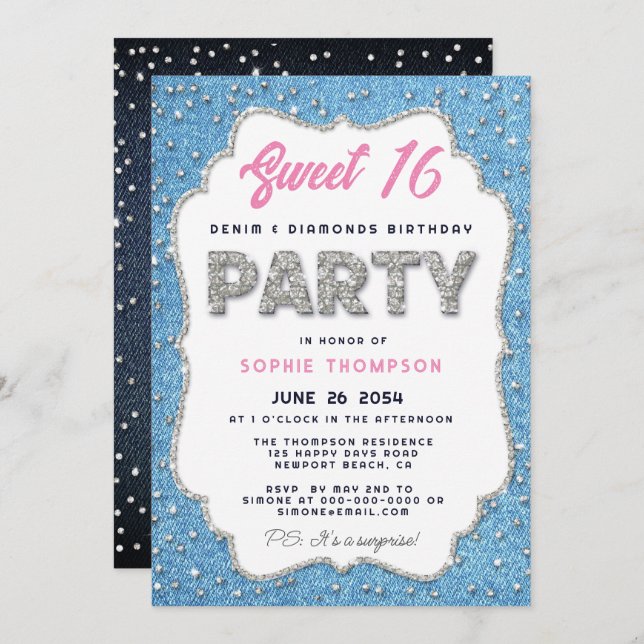 Denim Diamonds Glitter Frame Sweet 16 Party Pink Invitation (Front/Back)