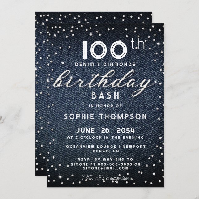 Denim Diamonds Glitter Modern 100th Birthday Party Invitation (Front/Back)