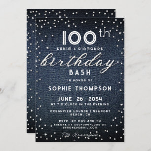 Denim Diamonds Glitter Modern 100th Birthday Party Invitation