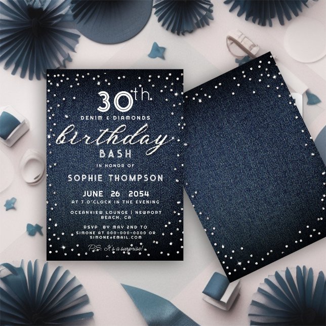 Denim Diamonds Glitter Modern 30th Birthday Party Invitation (Creator Uploaded)