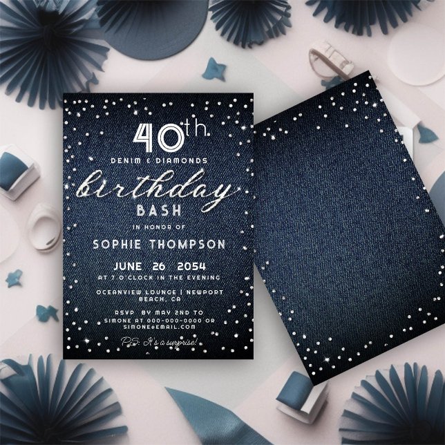 Denim Diamonds Glitter Modern 40th Birthday Party Invitation (Creator Uploaded)