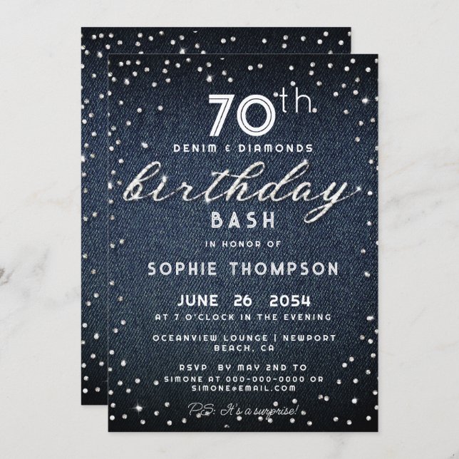 Denim Diamonds Glitter Modern 70th Birthday Party Invitation (Front/Back)