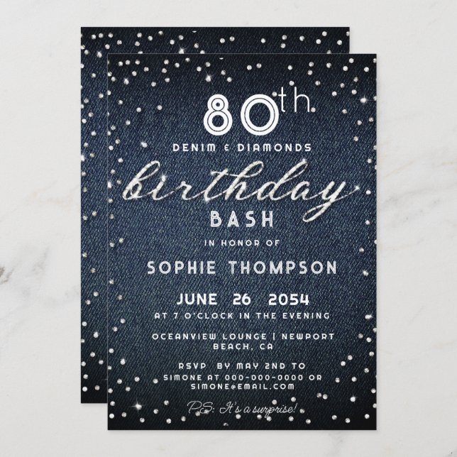 Denim Diamonds Glitter Modern 80th Birthday Party Invitation (Front/Back)