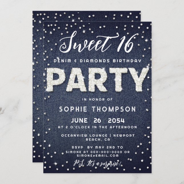 Denim Diamonds Glitter Sweet 16 Birthday Party Invitation (Front/Back)