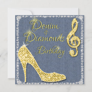 Denim & Diamonds Gold 25th Birthday Invitation