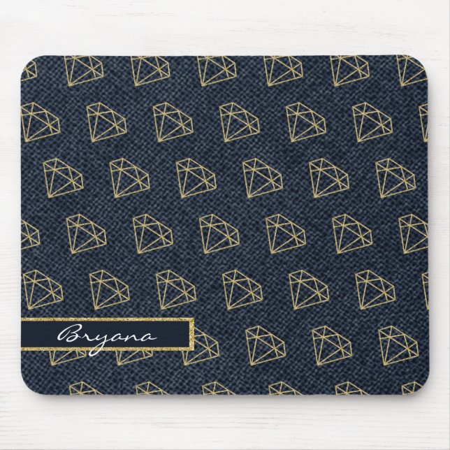 Denim & Diamonds Gold & Blue Glam Computer Mouse Pad (Front)
