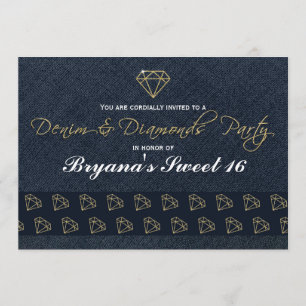 Denim & Diamonds Gold & Blue Glam Party Invitation