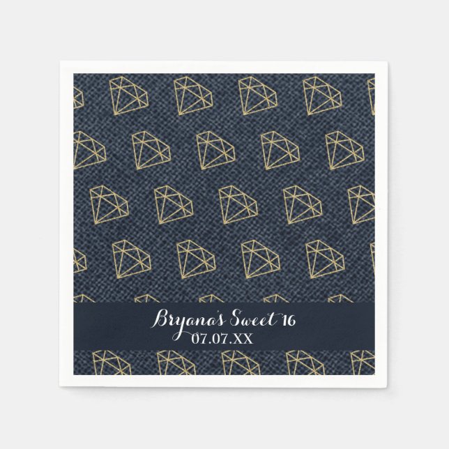 Denim & Diamonds Gold & Blue Glam Party Napkin (Front)