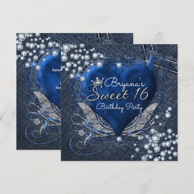 Denim & Diamonds Heart Sweet 16 Party Invitations (Front/Back)
