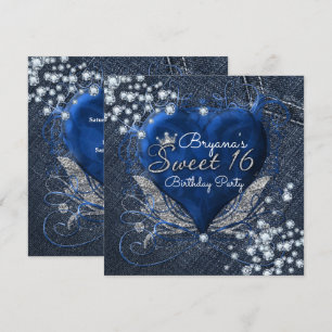 Denim & Diamonds Heart Sweet 16 Party Invitations