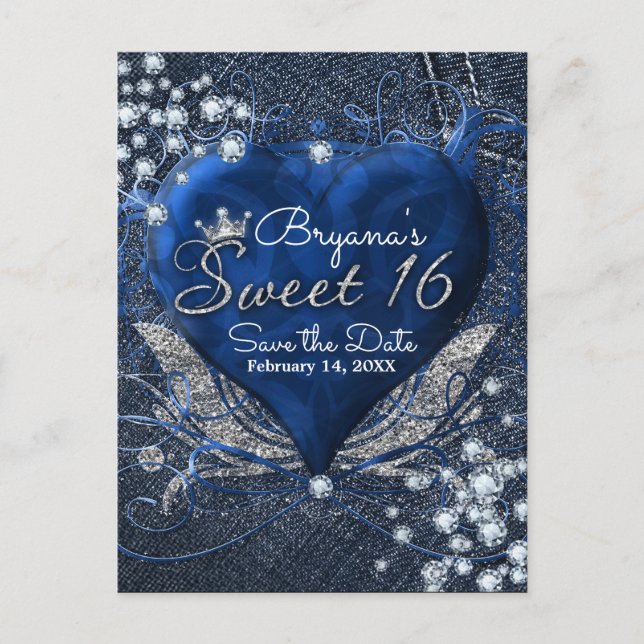 Denim & Diamonds Heart Sweet 16 Party Save Date Announcement Postcard (Front)