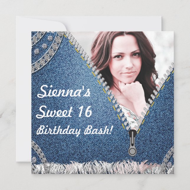 Denim & Diamonds Jeans Birthday Photo Invitation (Front)