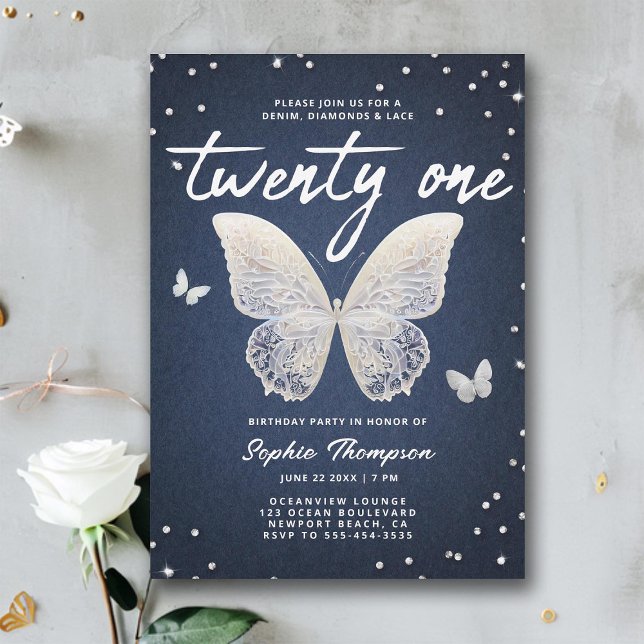 Denim Diamonds Lace Butterfly Modern 21st Birthday Invitation (denim diamonds lace 21st birthday invite for girls elegant modern classy chic rhinestones blue jeans)