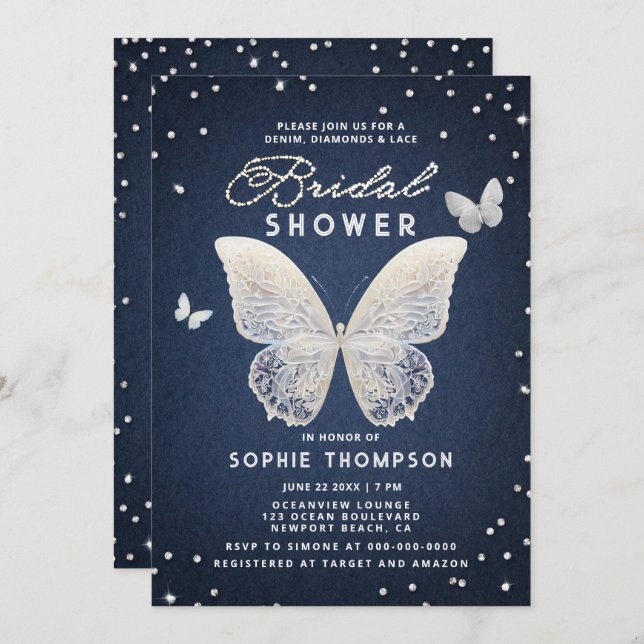 Denim Diamonds Lace Butterfly Unique Bridal Shower Invitation (Front/Back)