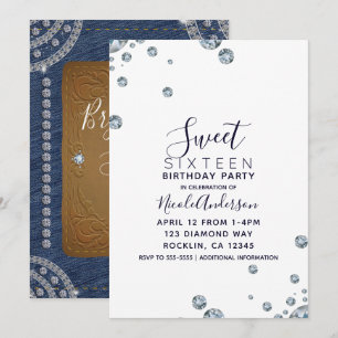 Denim & Diamonds Leather Birthday Sweet 16 Party Invitation