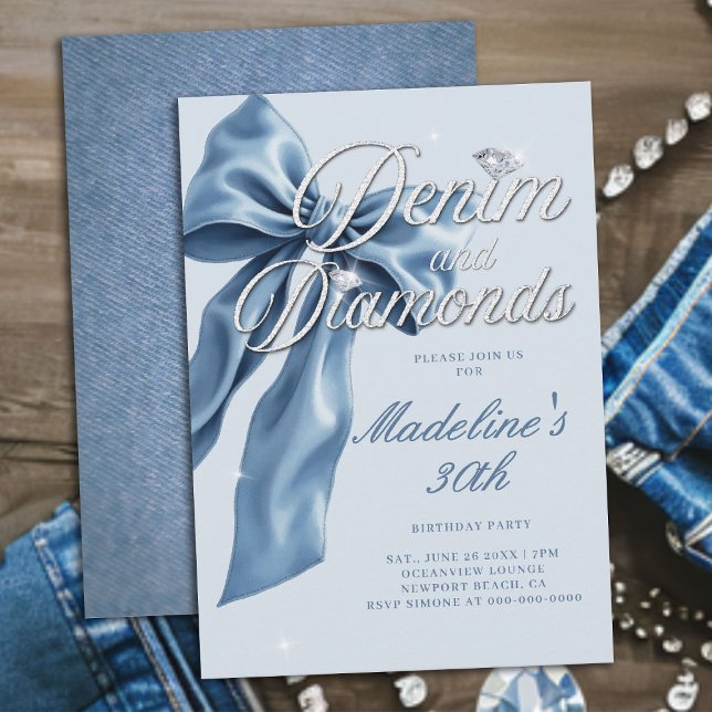 Denim Diamonds Light Blue Bow 30th Birthday Party Invitation (denim and diamonds 30th birthday party invitation blue white bow bling sparkles classy)