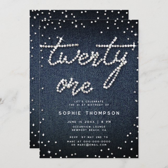 Denim Diamonds Modern Calligraphy 21st Birthday Invitation (Front/Back)