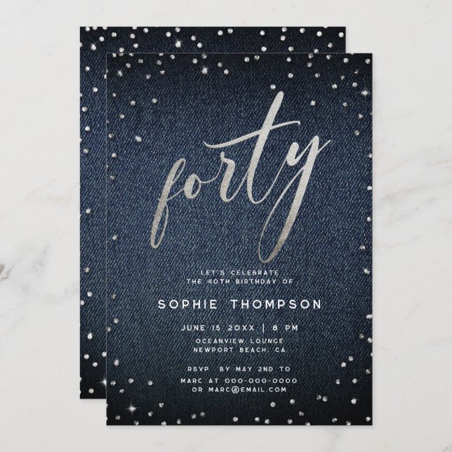 Denim Diamonds Modern Minimalist 40th Birthday Invitation (Front/Back)