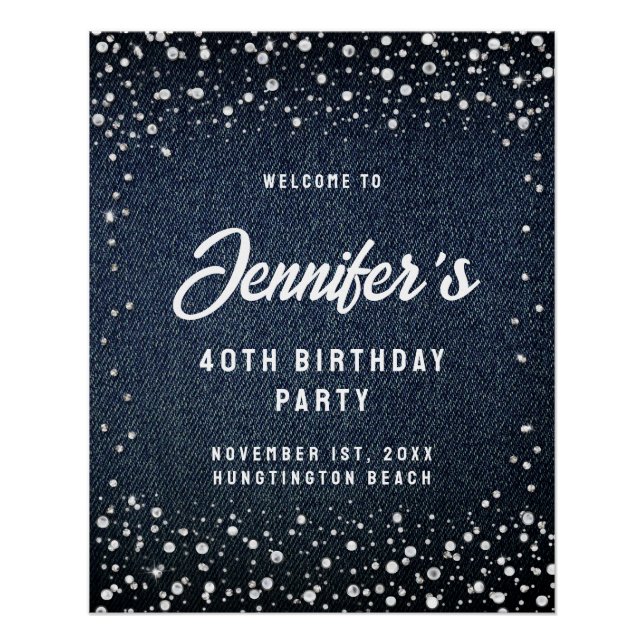 Denim Diamonds Pearls Birthday Party Welcome Poster (Front)