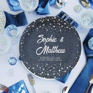 Denim Diamonds Pearls Blue Couple Wedding Shower Paper Plate