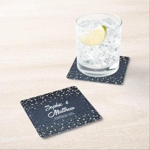Denim Diamonds Pearls Blue Couple Wedding Shower Square Paper Coaster