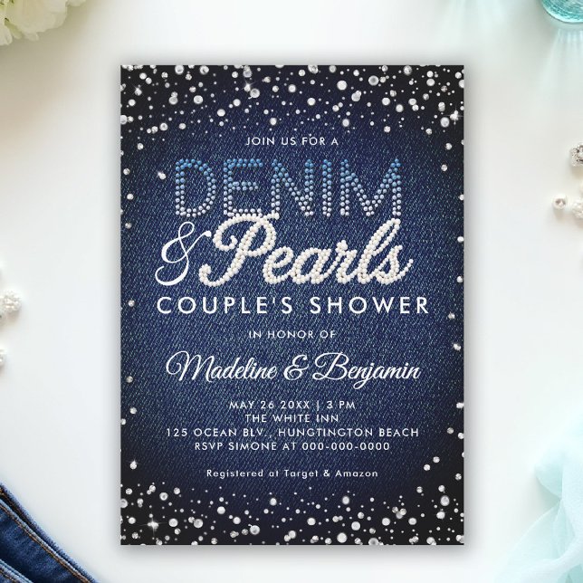 Denim Diamonds Pearls Blue Modern Couple Shower Invitation (denim and pearls couple shower invitation coed jack jill blue white elegant modern classy chic)