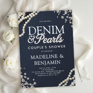 Denim Diamonds Pearls Blue Rustic Couple Shower Invitation