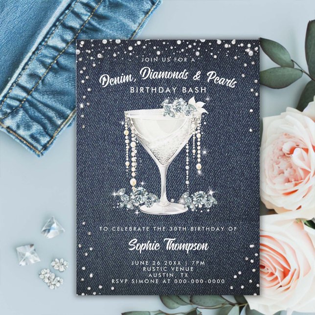 Denim Diamonds Pearls Champagne Cup Birthday Party Invitation (denim diamonds pearls birthday party invitation card elegant classy champagne bling glam glitz spark)