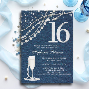 Denim Diamonds Pearls Champagne  ElegantSweet 16 Invitation